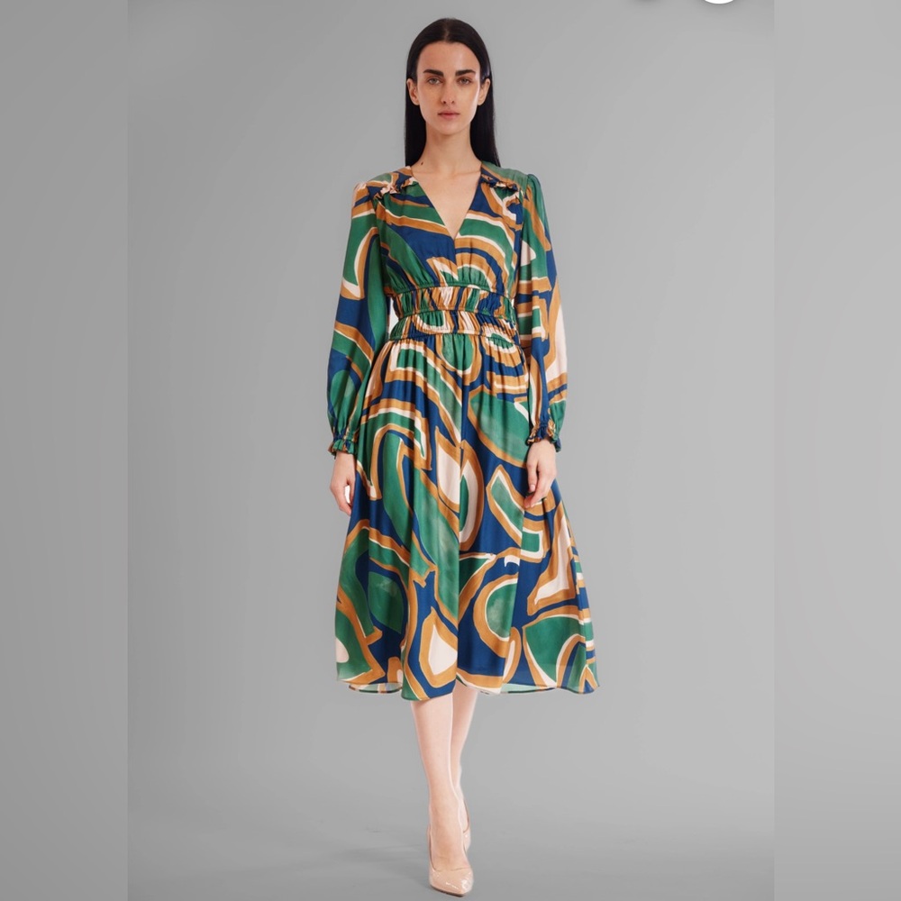 JULIA JORDAN V-NECK LONG SLV ELASTIC WAIST MIDI DRESS